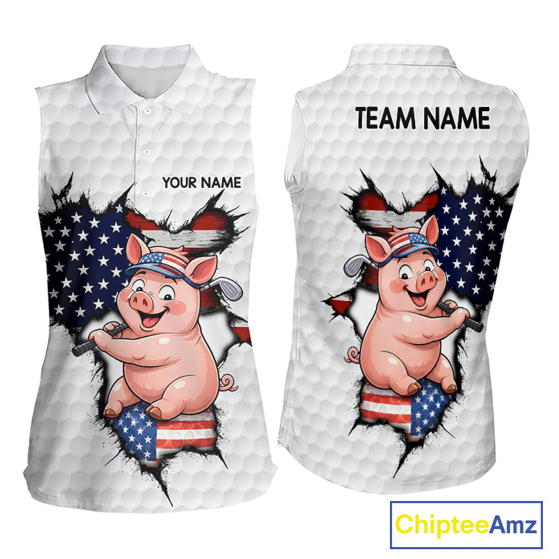 Personalized Funny Pig Sleeveless Patriot Golf Polo Shirt mockup featuring pig mascot and US flag, patriotic golf apparel, custom golf polo, Father's Day golf gift, farm animal golf clothing, performance sportswear.