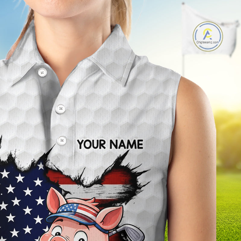 Women's model wearing Funny Pig Patriot Golf Polo Shirt, patriotic golf fashion, farm animal golf apparel, oversized golf clothing, matching golf team outfit.