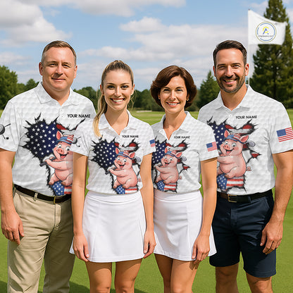 Golf team wearing Funny Pig Patriot Golf Polo Shirts, custom patriotic golf uniforms, American flag golf apparel, golf outing shirts, personalized team golf jerseys.