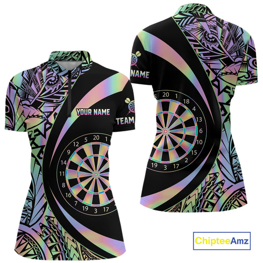 Black & Holographic Rainbow Tribal Dartboard Darts Quarter-Zip Shirt For Women Custom Dart Team Jerseys NYN2522