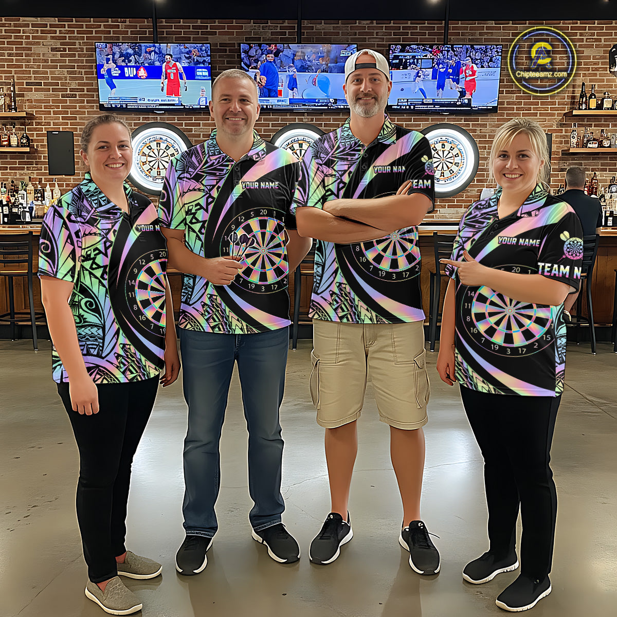 Black & Holographic Rainbow Tribal Dartboard Darts Polo Shirt For Women Custom Dart Team Jerseys NYN2522