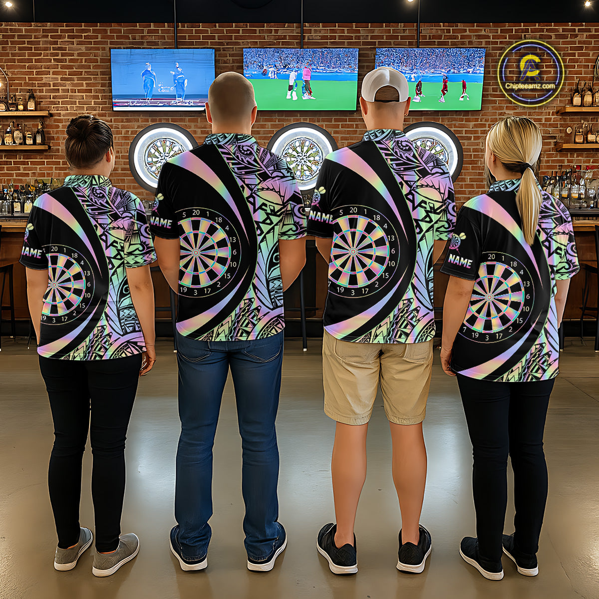 Black & Holographic Rainbow Tribal Dartboard Darts Polo Shirt For Women Custom Dart Team Jerseys NYN2522