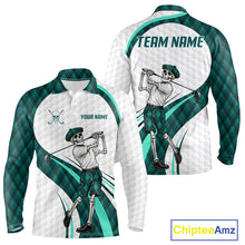 Load image into Gallery viewer, Custom Skeleton Golfer Golf Polo Shirts For Men Teal Argyle Pattern Golf Team Clothing NYN3265