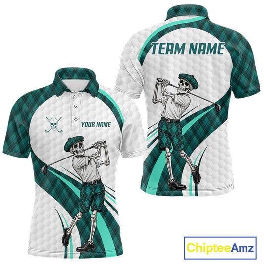 Custom Skeleton Golfer Golf Polo Shirts For Men Teal Argyle Pattern Golf Team Clothing NYN3265