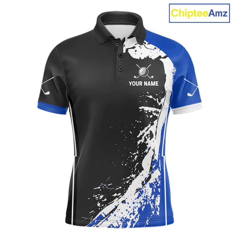 Funny Rooster Men's Golf Polo Shirt mockup featuring blue splatter rooster design, personalized golf apparel, custom golf team polo, funny golfer shirt, performance golf clothing.