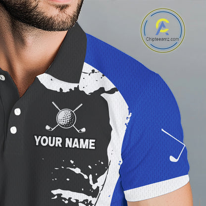 Men's model wearing Funny Raccoon Golf Polo Shirt, personalized golf clothing, woodland sportswear, custom golf team apparel, performance golf polo.