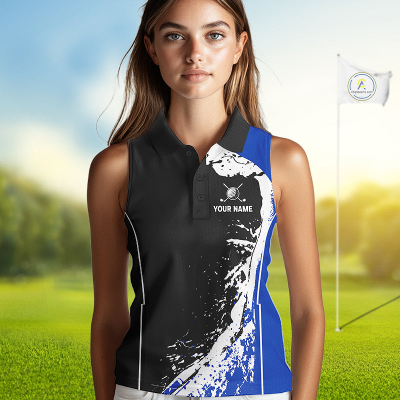 Women's model wearing Funny Raccoon Golf Polo Shirt, woodland golf apparel, raccoon mascot golf fashion, personalized golf outfit, custom golf team clothing.