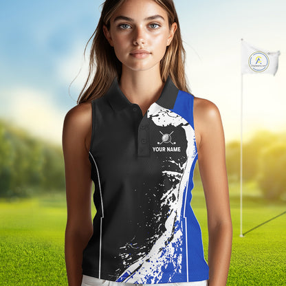 Women's model wearing Funny Raccoon Golf Polo Shirt, woodland golf apparel, raccoon mascot golf fashion, personalized golf outfit, custom golf team clothing.