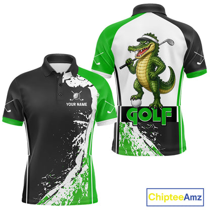 Funny Alligator Men's Golf Polo Shirt mockup featuring green splatter alligator design, personalized golf apparel, custom golf team polo, wildlife golf clothing.