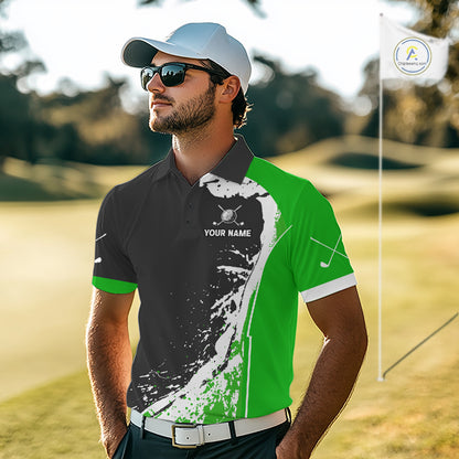 Men's model wearing Funny Alligator Golf Polo Shirt, Florida golf fashion, personalized golf apparel, custom golf clothing, performance golf outfit.