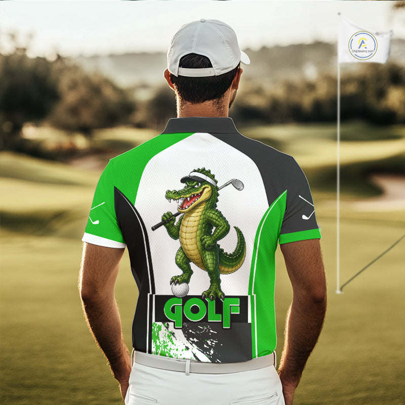 Men's model wearing Funny Alligator Golf Polo Shirt, Florida golf fashion, personalized golf apparel, custom golf clothing, performance golf outfit.