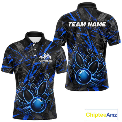 Black And Blue Strikes Grunge Bowling Polo & 1/4-Zip Shirt For Men Custom Thunder Bowling Team Jersey NYN3267