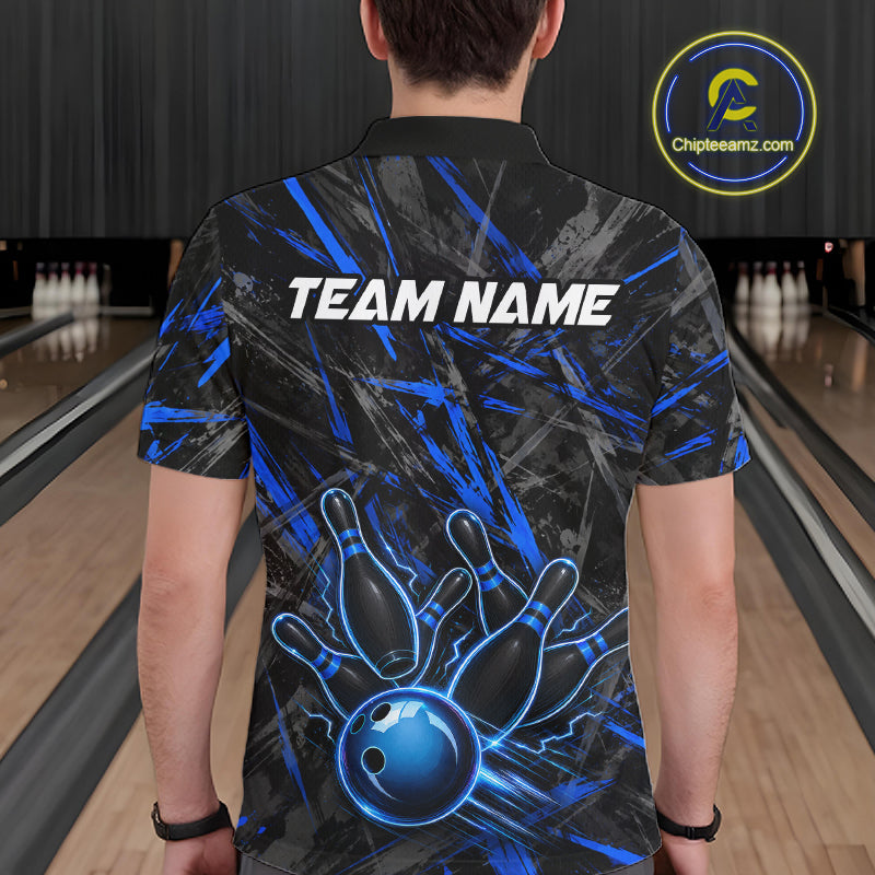 Black And Blue Strikes Grunge Bowling Polo & 1/4-Zip Shirt For Men Custom Thunder Bowling Team Jersey NYN3267