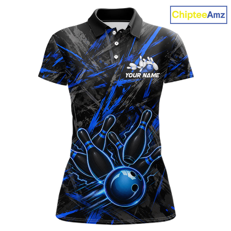 Black And Blue Strikes Grunge Bowling Polo & 1/4-Zip Shirt For Women Custom Thunder Bowling Team Jersey NYN3267