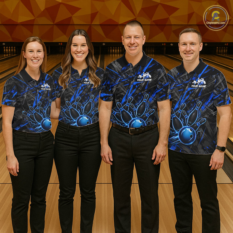 Black And Blue Strikes Grunge Bowling Polo & 1/4-Zip Shirt For Women Custom Thunder Bowling Team Jersey NYN3267