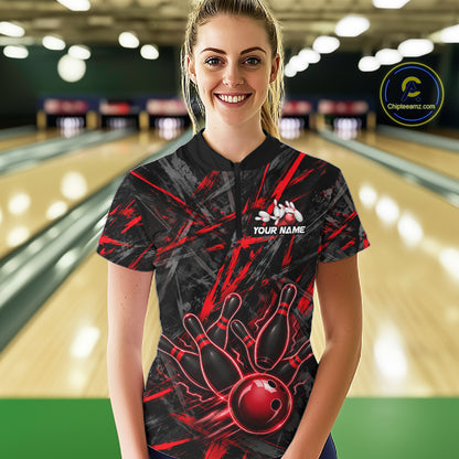 Black And Red Strikes Grunge Bowling Polo & 1/4-Zip Shirt For Women Custom Thunder Bowling Team Jersey NYN3268