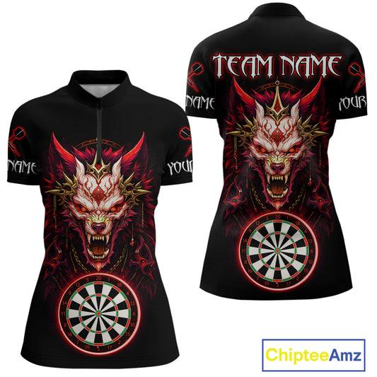 Red Vicious Wolf Ruler Dartboard Darts Shirt For Women - Custom Name & Team Jersey NYN0582