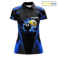Load image into Gallery viewer, Custom 8 Ball &amp; 9 Ball women billiard polo shirt, personalized thunder billiard team jersey, blue pool league shirt, custom pool player apparel, professional billiard uniform
