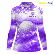 Load image into Gallery viewer, Purple women's golf polo shirt with water splash golf ball pattern, ladies golf apparel, custom golf team clothing