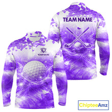 Load image into Gallery viewer, Purple men's golf long shirt polo shirt with water splash golf ball pattern, men's golf apparel, custom golf team clothing, golf league shirt