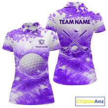 Load image into Gallery viewer, Purple women's golf polo shirt with water splash golf ball pattern, ladies golf apparel, custom golf team clothing