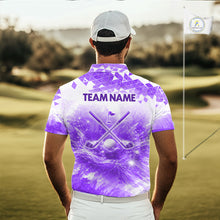 Load image into Gallery viewer, Male golfer wearing purple water splash golf polo shirt, men's golf clothing, custom golf apparel