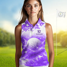Load image into Gallery viewer, Female golfer wearing purple water splash golf polo shirt, women's golf clothing, custom golf apparel