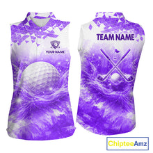 Load image into Gallery viewer, Purple women's golf polo shirt with water splash golf ball pattern, ladies golf apparel, custom golf team clothing