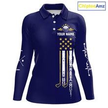 Load image into Gallery viewer, Women's grunge US flag golf polo shirt, yellow and blue patriotic golf apparel, golf team uniform, American flag golf shirt