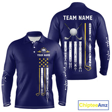 Load image into Gallery viewer, Men's grunge US flag golf long sleeves polo shirt, yellow and blue patriotic golf apparel, golf team uniform, American flag golf shirt