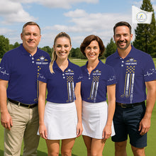 Load image into Gallery viewer, Men women golf team wearing matching grunge US flag golf polo shirts, patriotic golf uniforms, golf league apparel