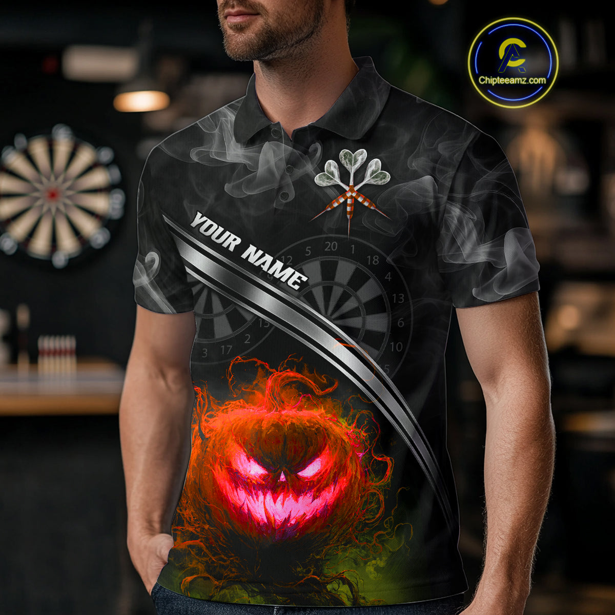 Halloween Men Darts Shirt Personalized Red Pumpkin Dartboard, Halloween Dart Jerseys NYN1165
