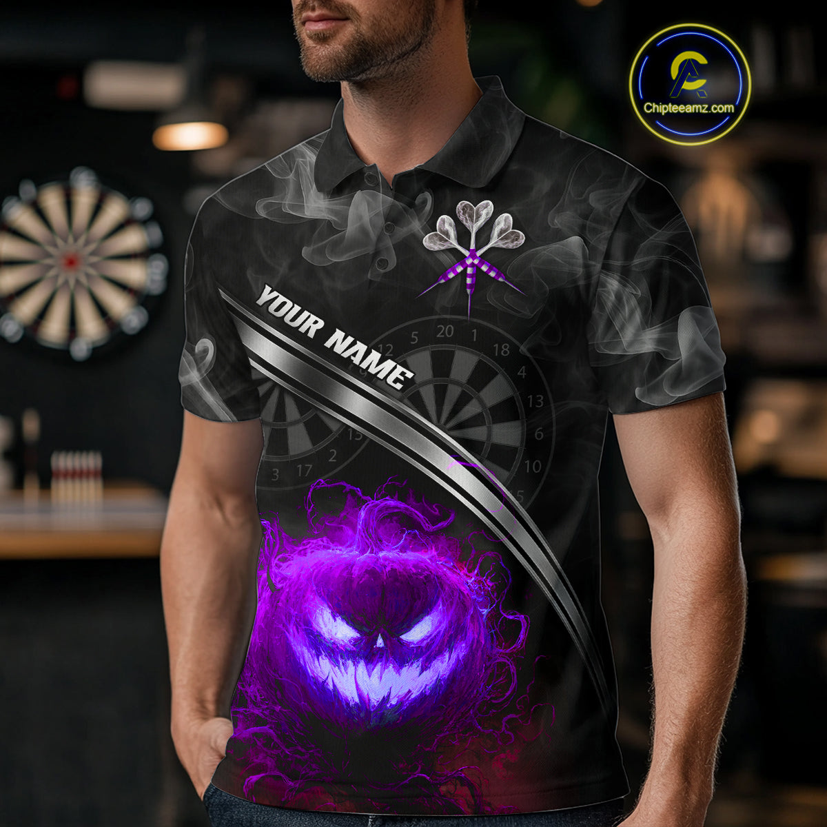 Halloween Men Darts Shirt Personalized Purple Pumpkin Dartboard, Halloween Dart Jerseys NYN1166