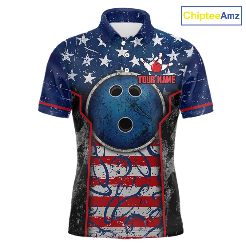 Grunge American Flag Bowling Polo & 1/4 Zip Shirts For Men Custom Patriotic Team Bowling Jerseys NYN3128