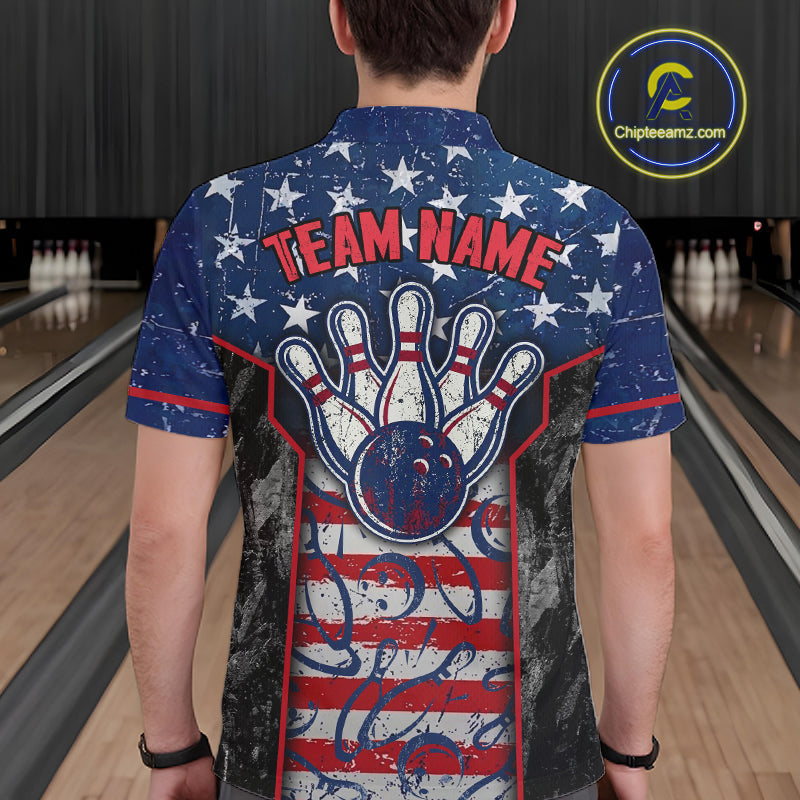 Grunge American Flag Bowling Polo & 1/4 Zip Shirts For Men Custom Patriotic Team Bowling Jerseys NYN3128