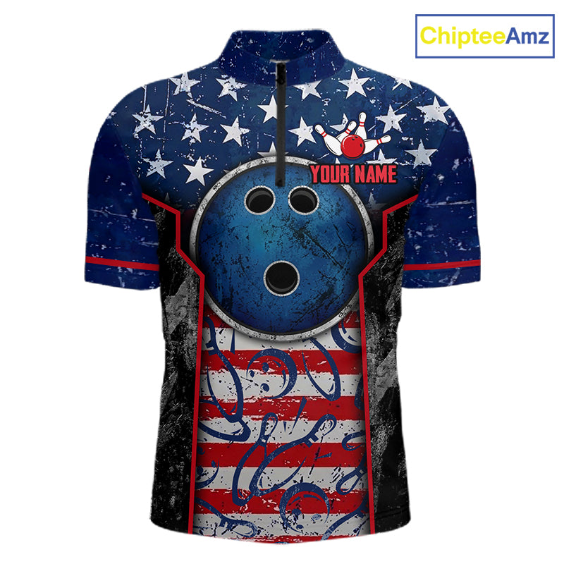 Grunge American Flag Bowling Polo & 1/4 Zip Shirts For Men Custom Patriotic Team Bowling Jerseys NYN3128
