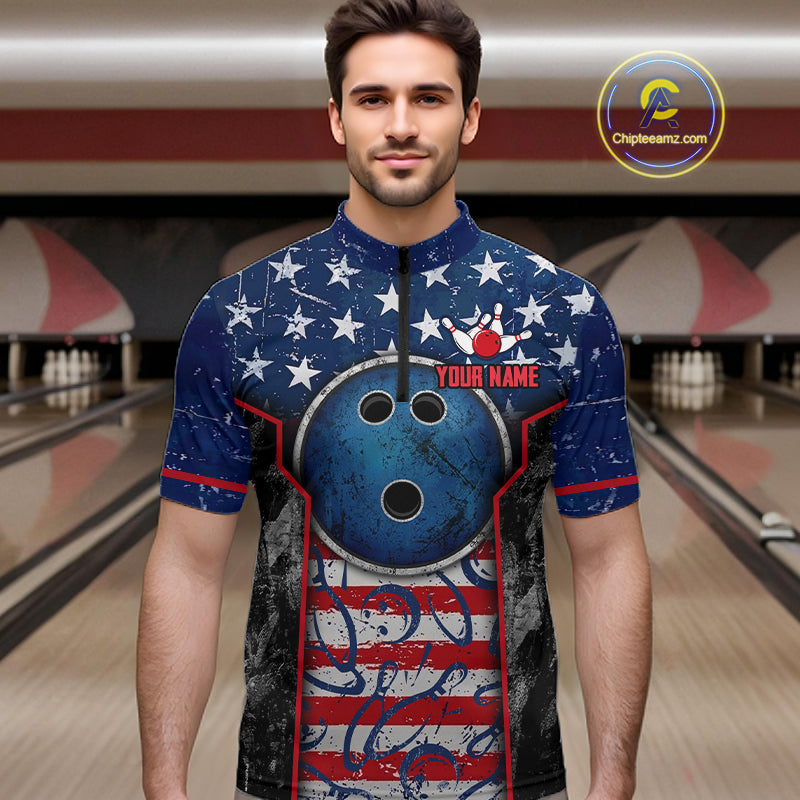 Grunge American Flag Bowling Polo & 1/4 Zip Shirts For Men Custom Patriotic Team Bowling Jerseys NYN3128