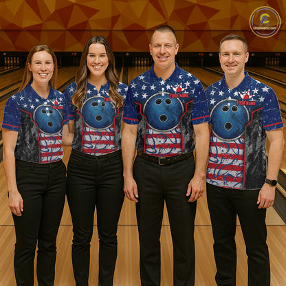 Grunge American Flag Bowling Polo & 1/4 Zip Shirts For Women Custom Patriotic Team Bowling Jerseys NYN3128