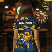 Load image into Gallery viewer, Female darts player wearing funny duck dart jersey, blue yellow brush dart shirt, personalized darts team uniform, fun darts apparel