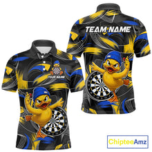 Load image into Gallery viewer, Blue and yellow brush funny duck men's darts polo shirt, custom dart team uniform, personalized dart name jersey, funny dart apparel, novelty darts clothing