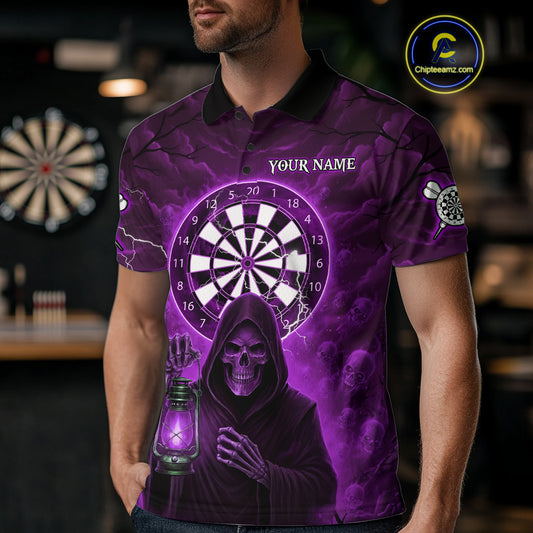 Purple Neon Grim Reaper Lightning Skull Darts League Shirt Custom Skull Men Darts Jersey NYN2038