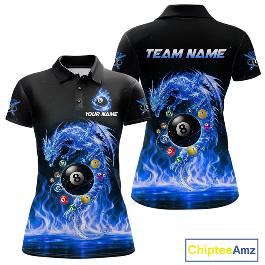 Fire Flame Dragon Pool 8 Ball Women's Billiard Shirt Custom Billiard Team League Attire|Blue NYN2557