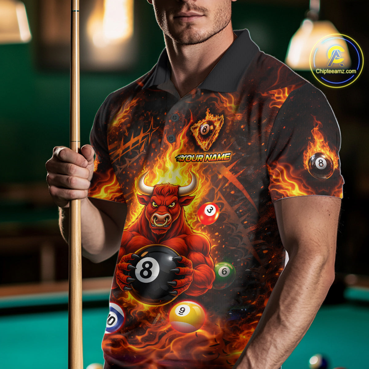 Fire Flame Funny Bull Plays Pool Ball Billiard Shirt For Men Custom 8 Ball Billiard Team Attire NYN2565