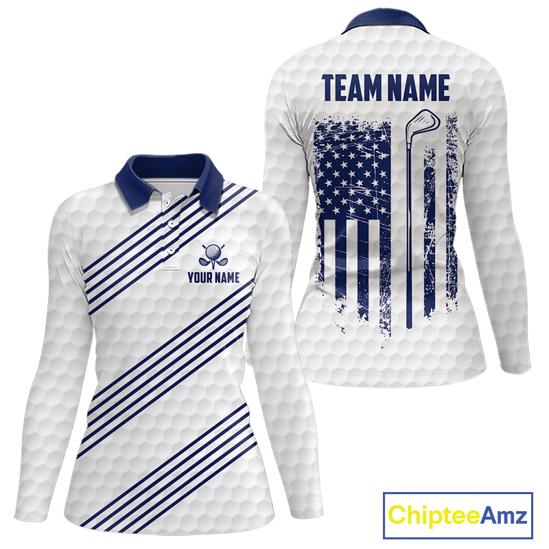 Patriotic Womens Golf Polo Shirts Custom American Flag Golf Apparel America Golf Shirt | Blue NYN3326