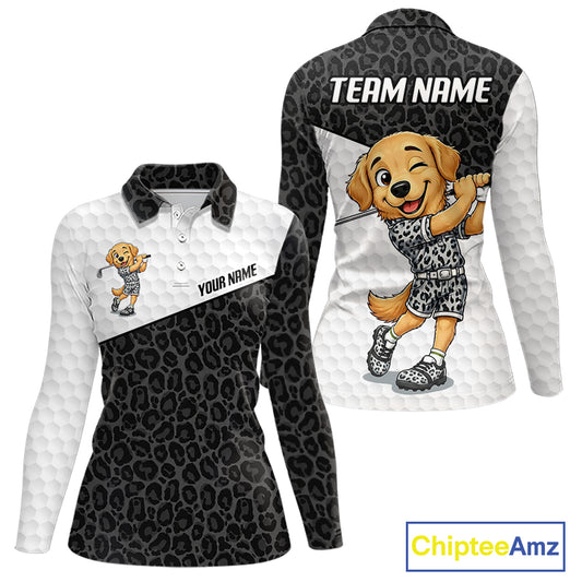 Golden retriever golf shirt with black leopard pattern funny golf polo for women