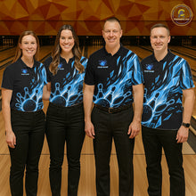Load image into Gallery viewer, Men women bowling team wearing Fire Flame Bowling Ball And Pins bowling jerseys matching tournament uniforms