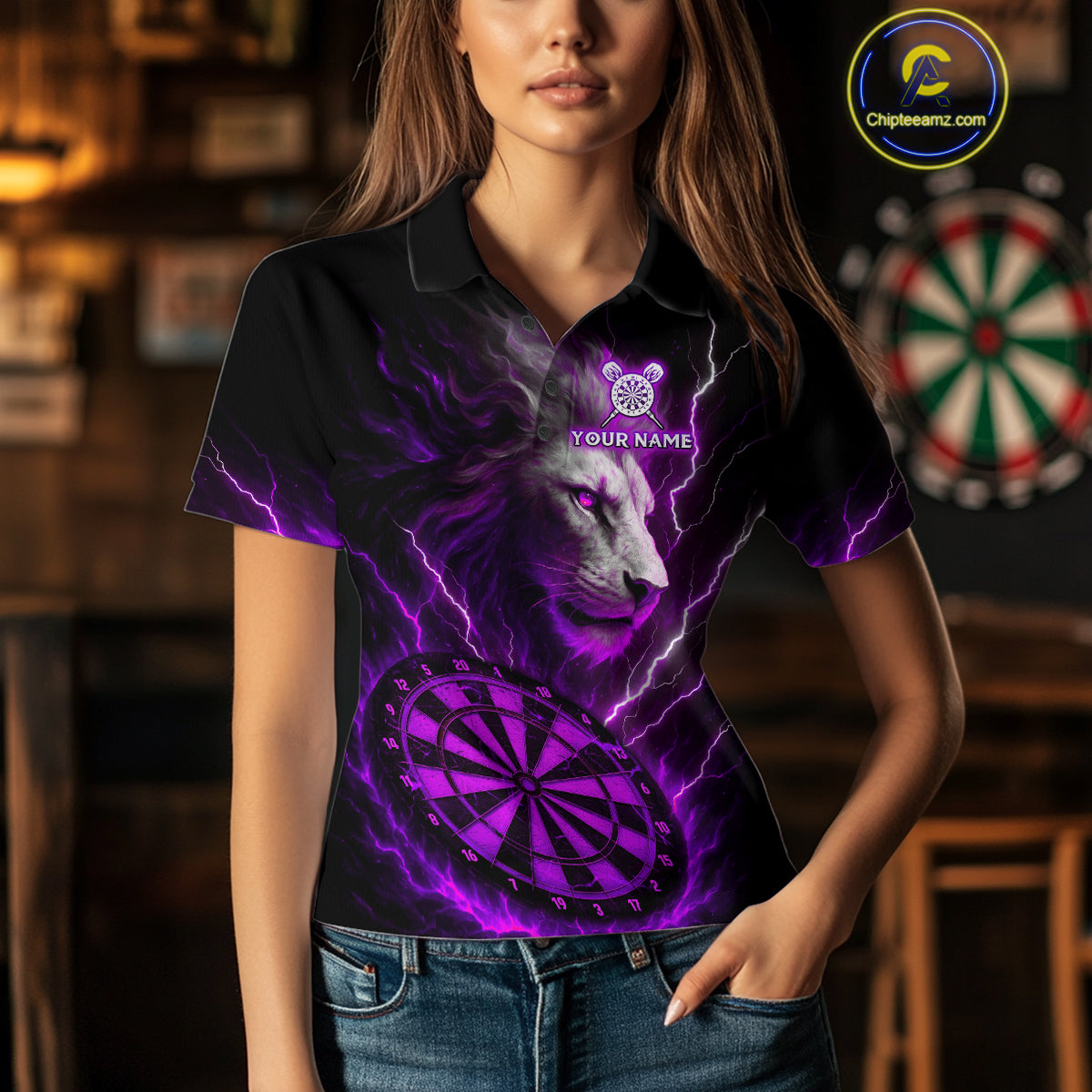 Purple Custom Women Darts Shirt With Lion Personalized Lightning Dartboard Dart Jerseys NYN1220