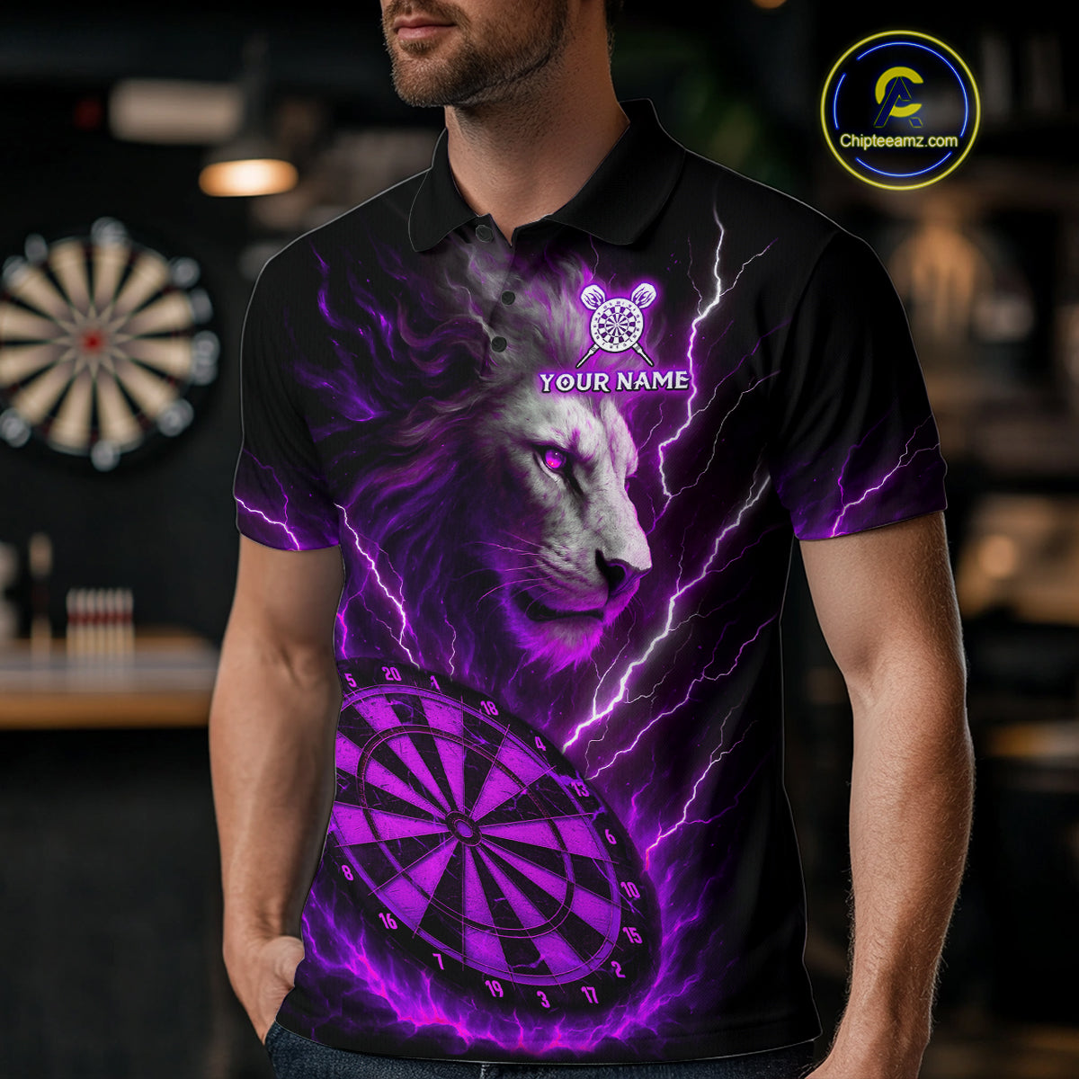 Purple Custom Men Darts Shirt With Lion Personalized Lightning Dartboard Dart Jerseys NYN1220