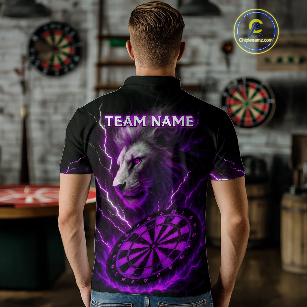 Purple Custom Men Darts Shirt With Lion Personalized Lightning Dartboard Dart Jerseys NYN1220