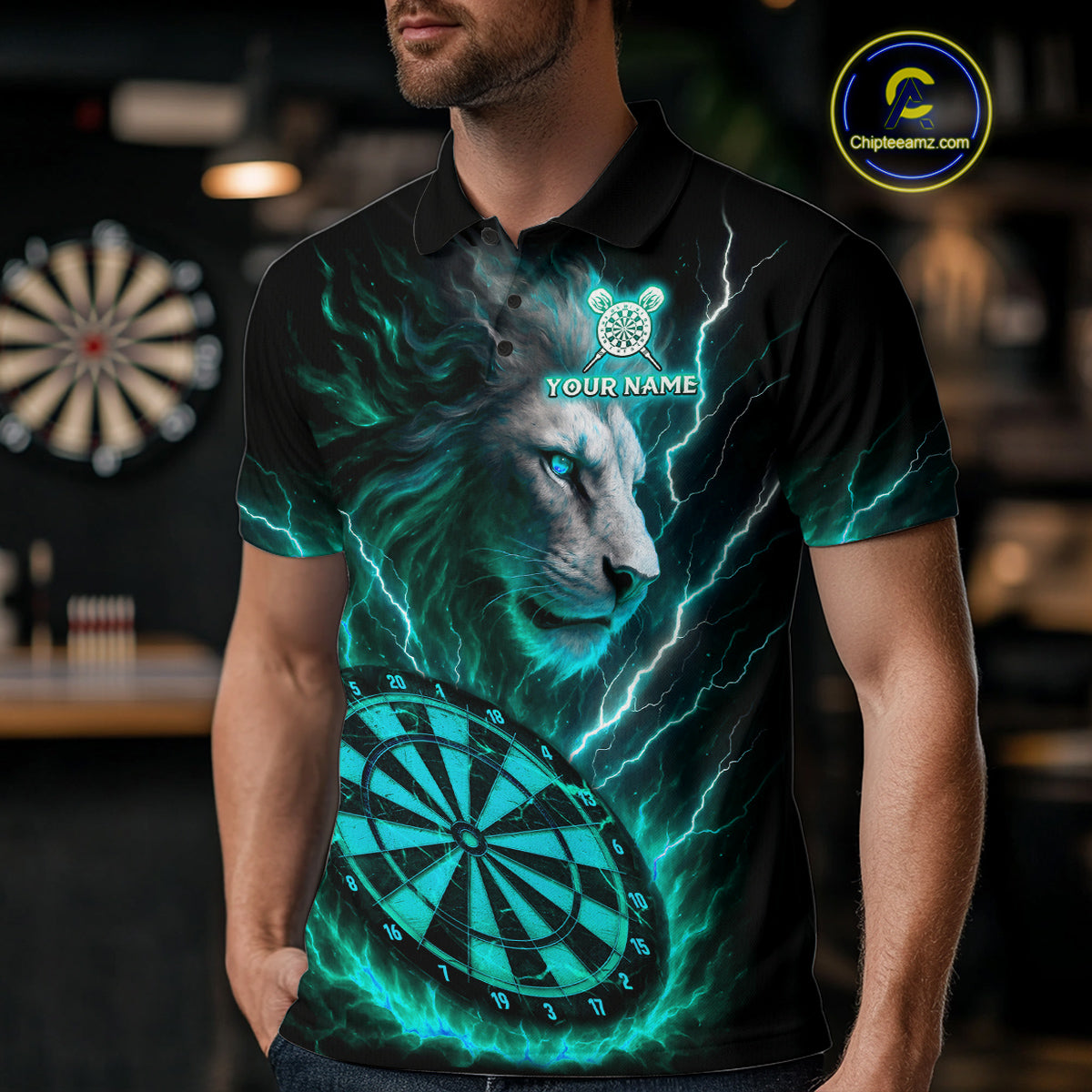 Turquoise Custom Men Darts Shirt With Lion Personalized Lightning Dartboard Dart Jerseys NYN1221
